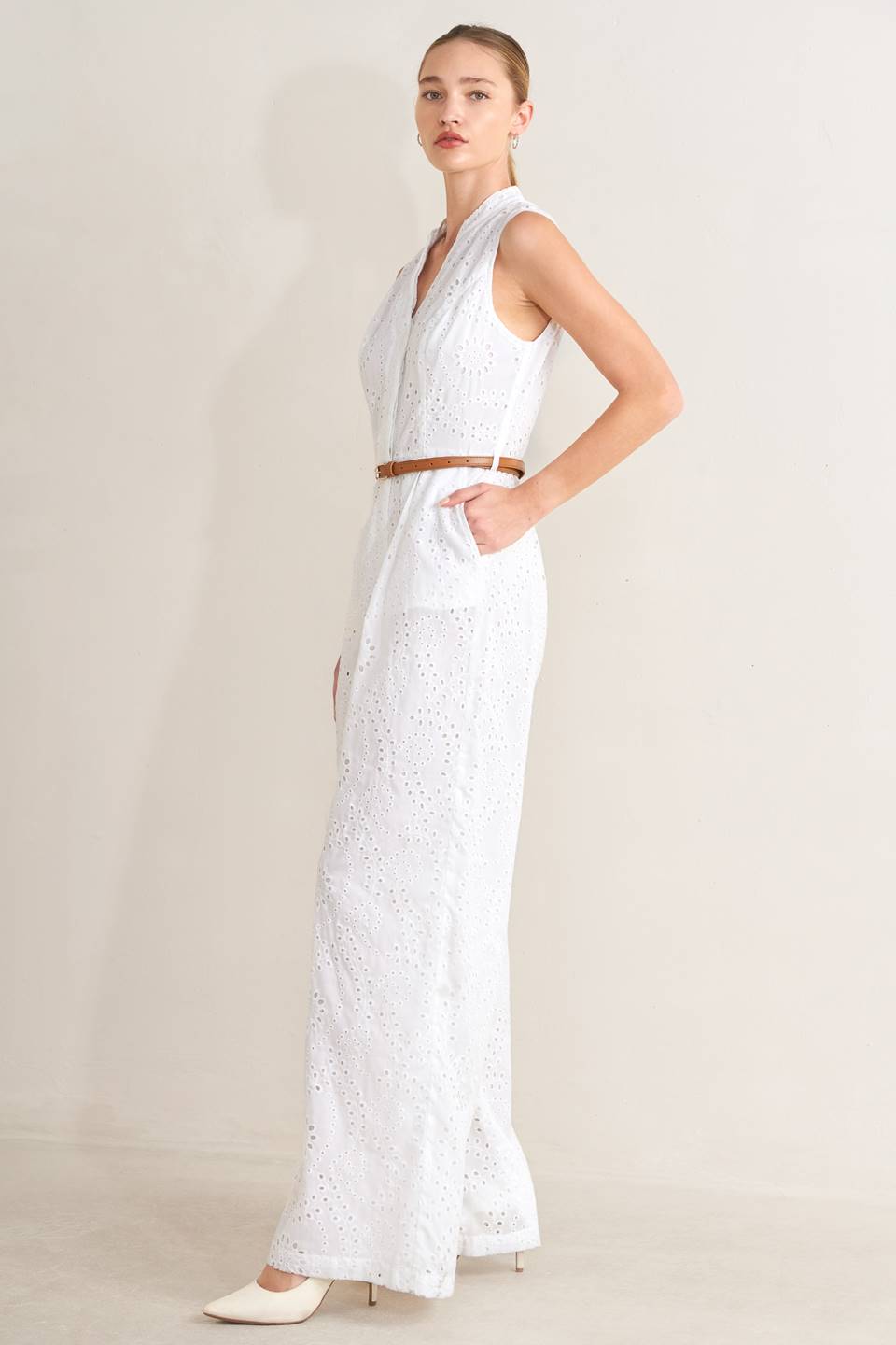 Zélya White Elegance Eyelet Jumpsuit