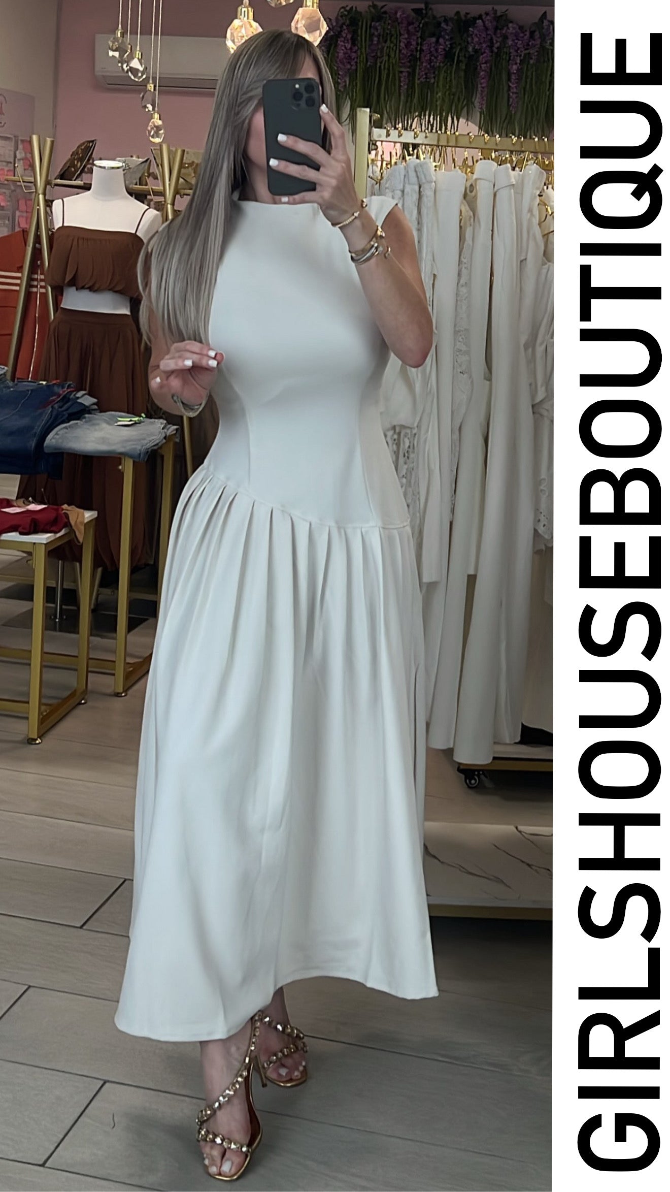 Natural Pleated Skirt Design Maxi Dress