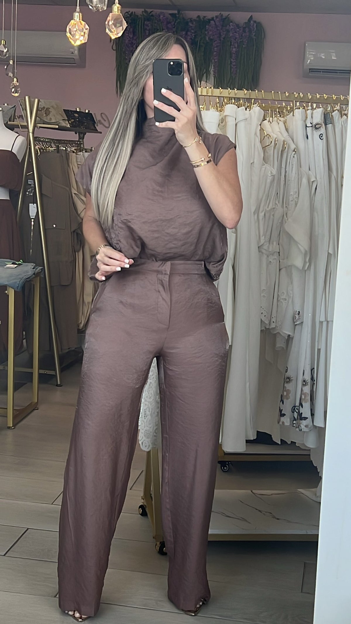 Mocha Metallic Turtleneck Blouse & Elegance Pant Set