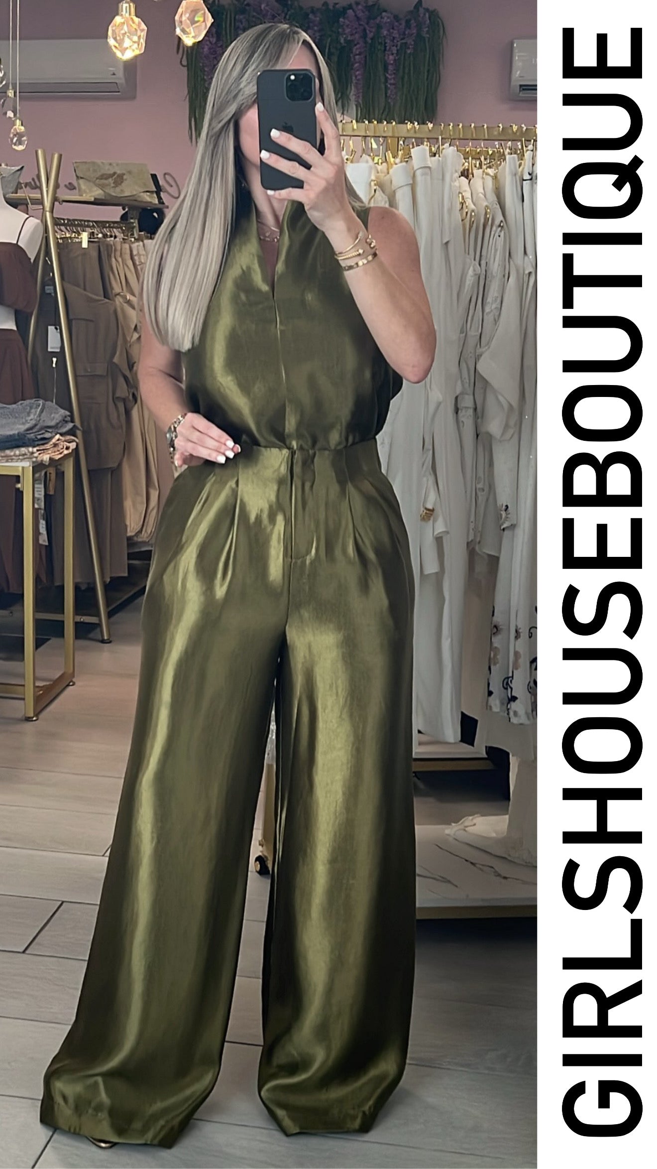 Olive Metallic Oriental Blouse & Pleated Design Pant Set