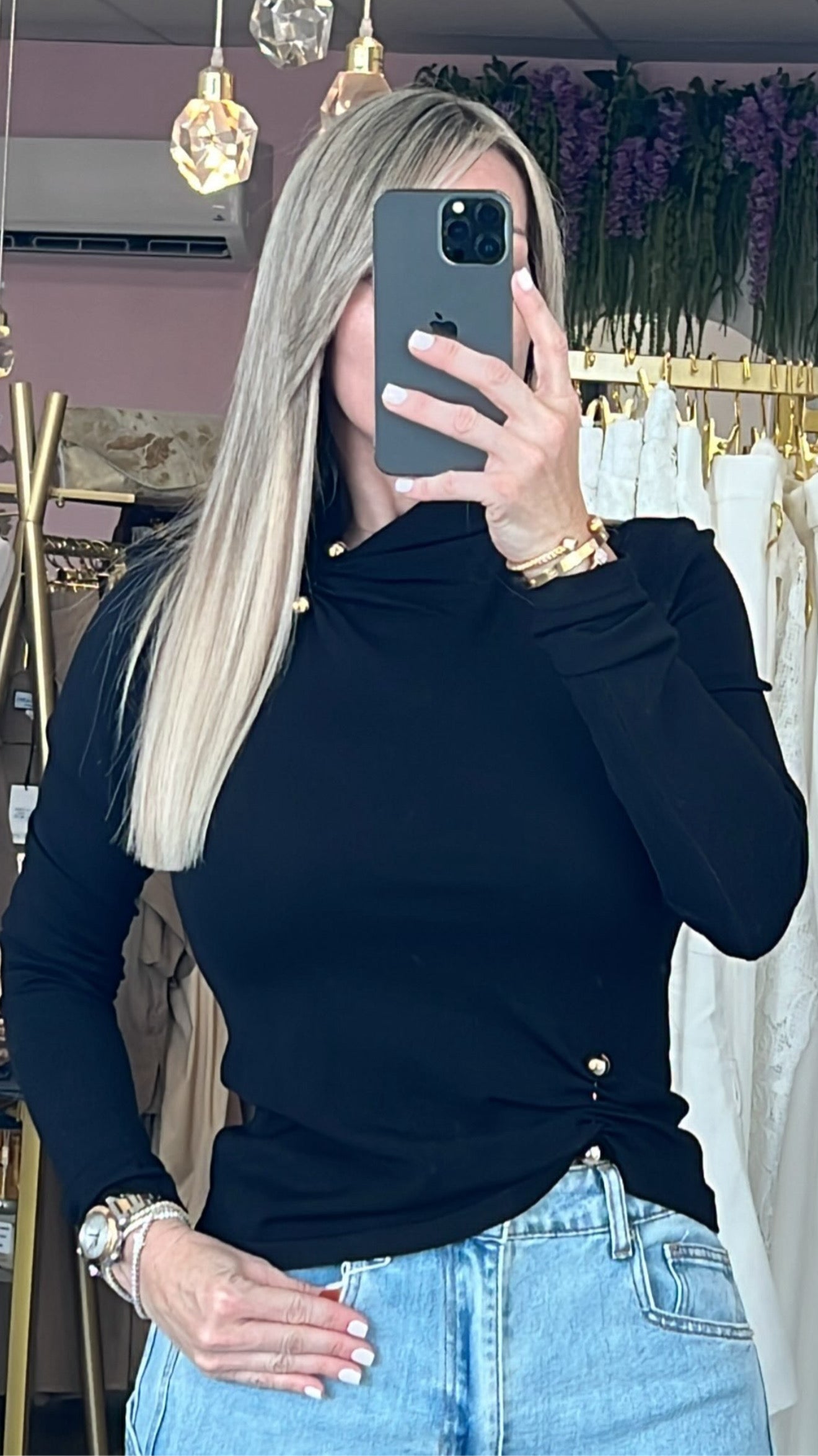 Black Turtleneck Draped Gold Pendant Sweater Top