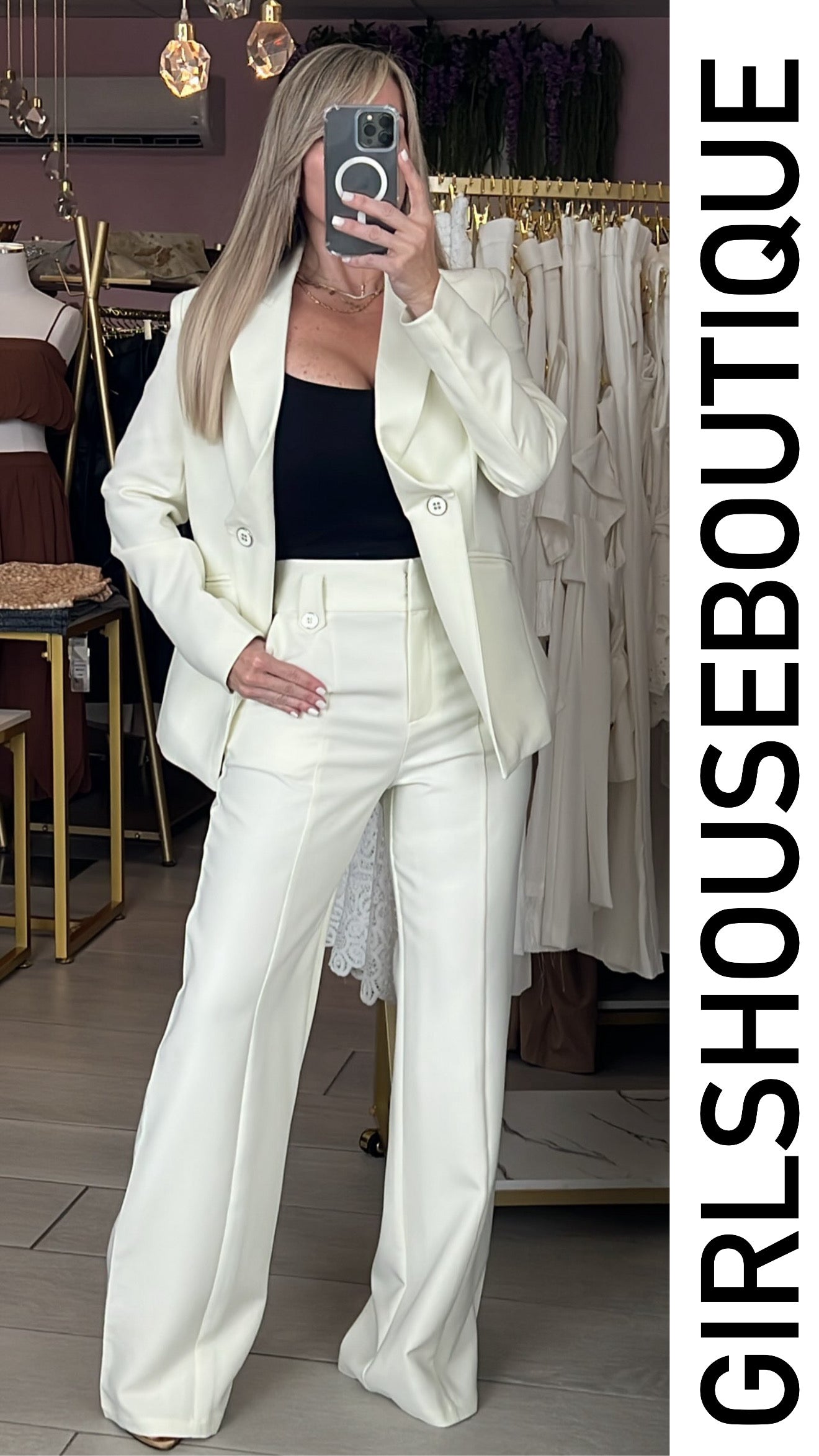 Bone White Front Buttons Design Blazer & Pant Set (OVI COLLECTION)