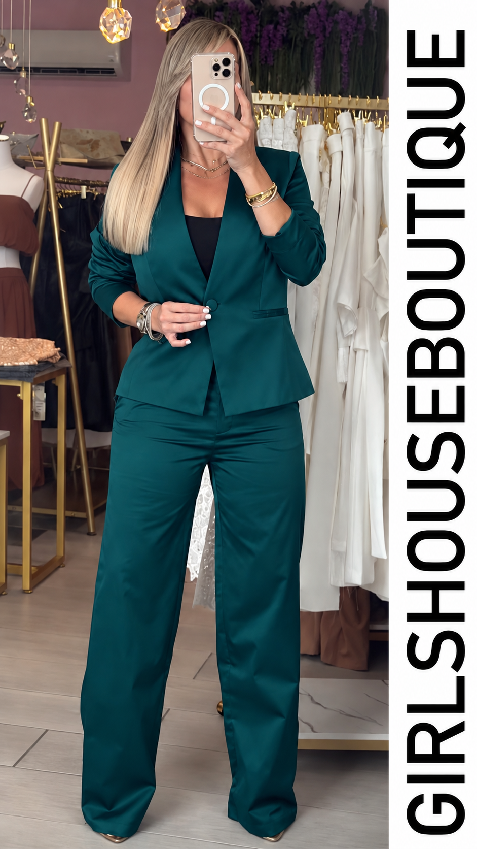 Teal Satin Classic Blazer & Pant Set (OVI COLLECTION)