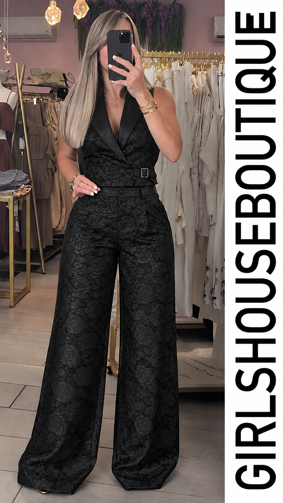 Black Blossom Leather Vest & Pant Set