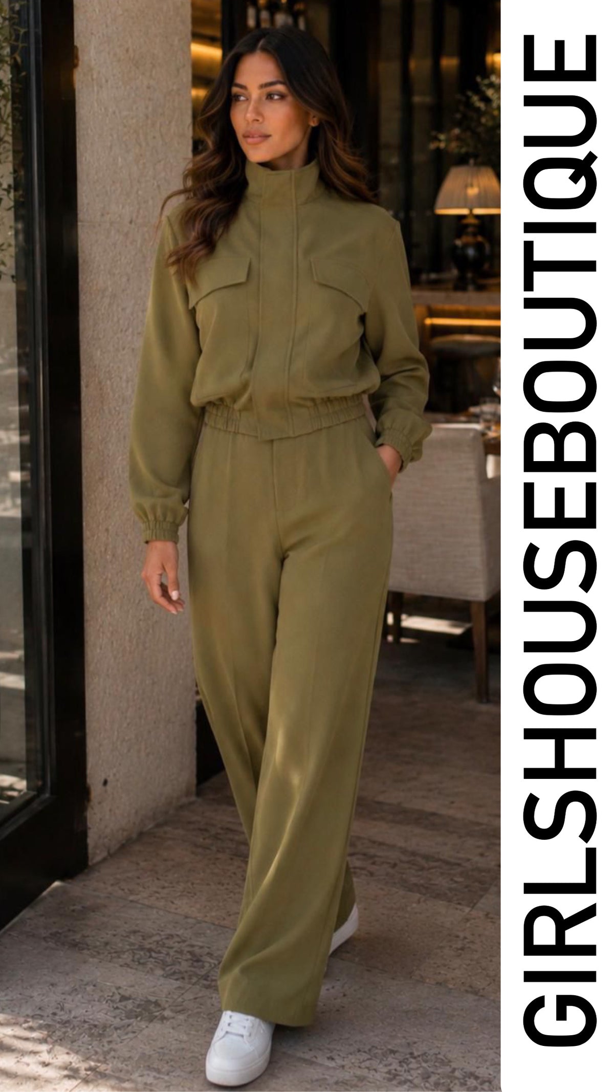 Olive Glam Zip -Up Jacket & Strech Pant Set