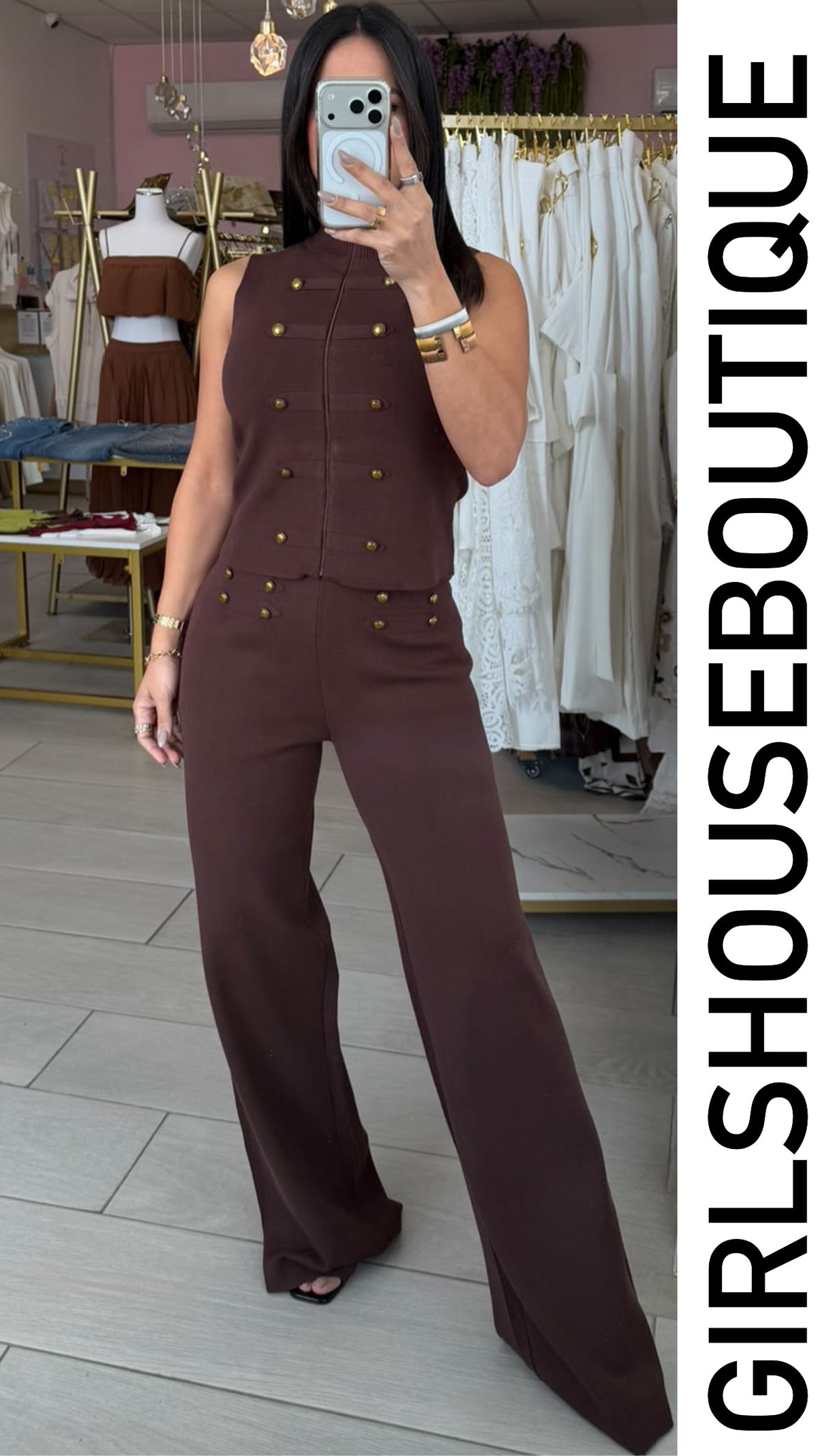 Choco Napoleón & Bandage Vest & High Waisted Pant Set