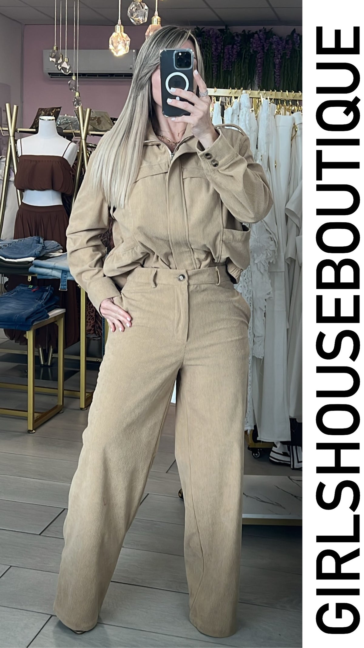 Taupe Corduroy Turtle Neck Zip-Up Jacket & Pant Set