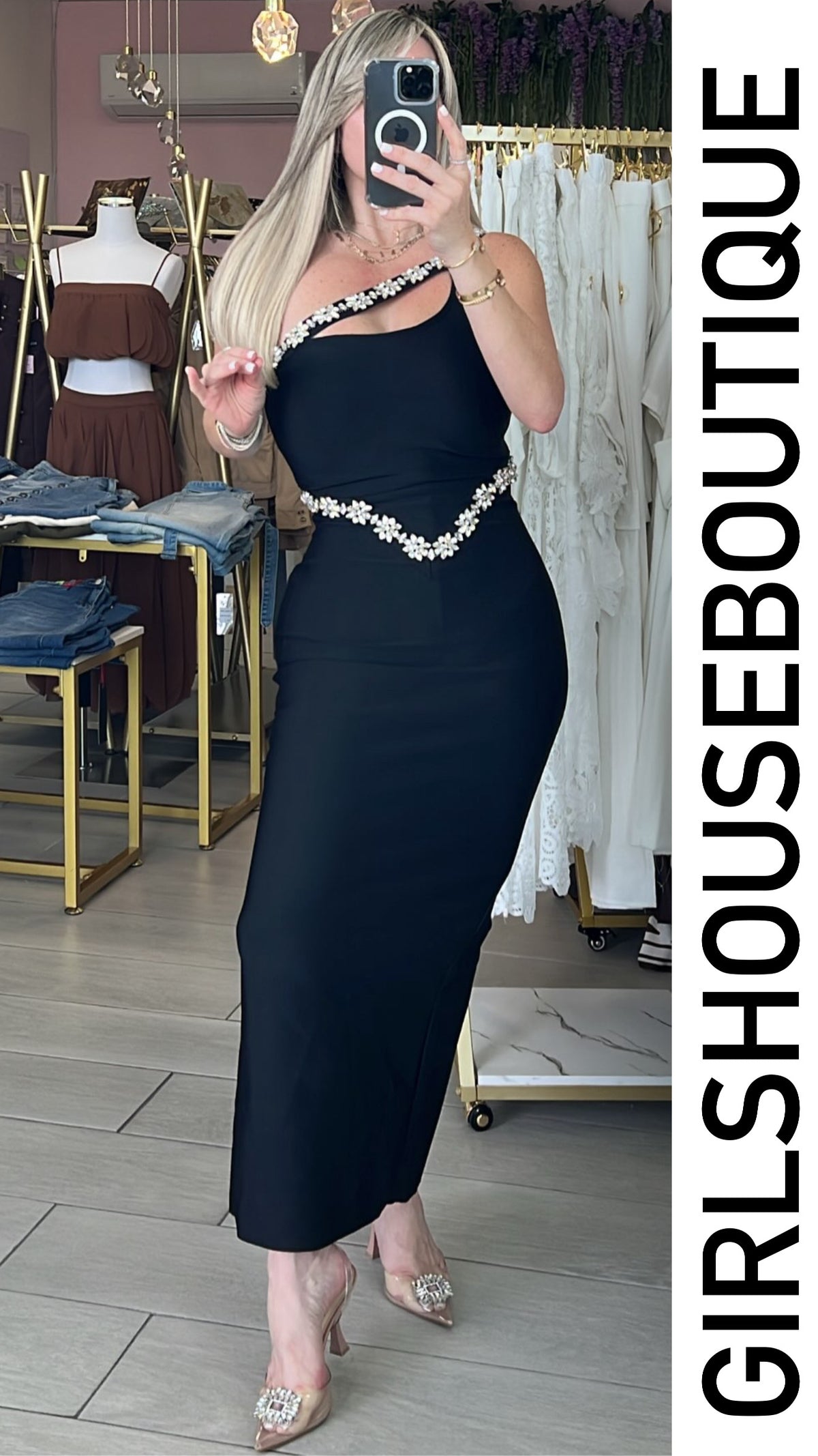 Black One Shoulder Crystal Flower Design Strech Midi Dress