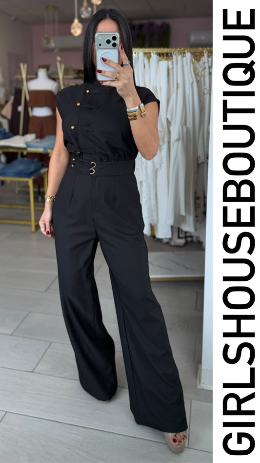 Black Turtleneck Napoleón Jumpsuit Design (Tiene elástico en la cintura)