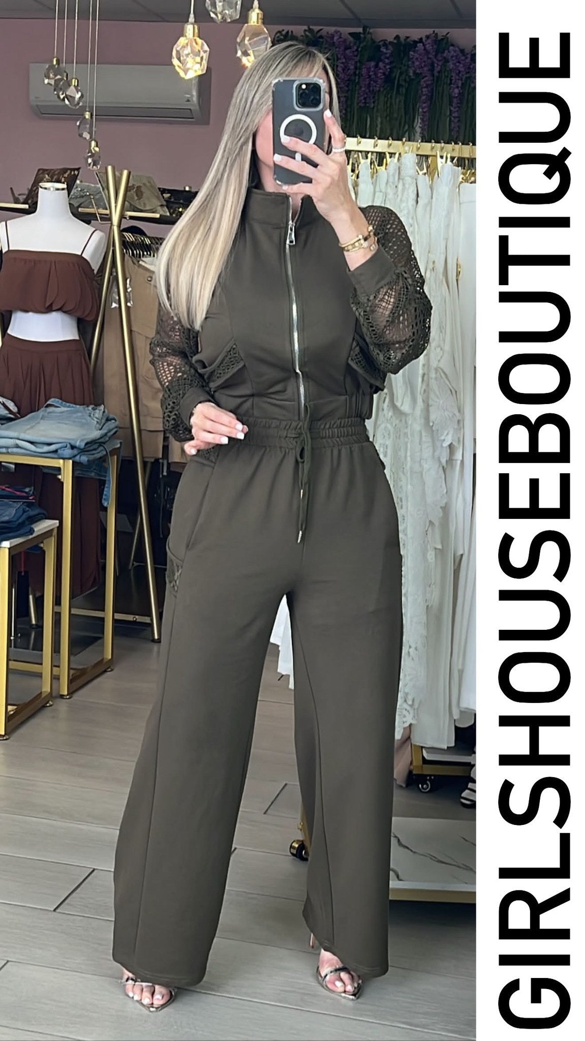 Olive Embroidery Long Sleeve Jacket & Pant Set