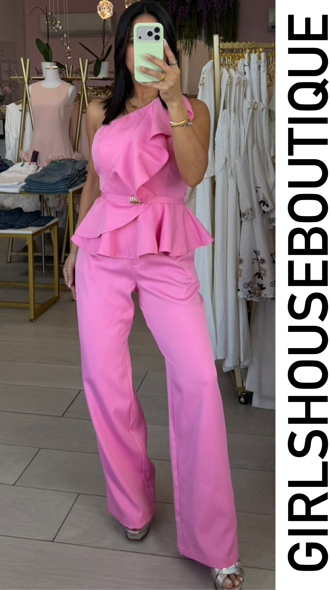 Bubble Pink One Shoulder Ruffle Top & Pant Set
