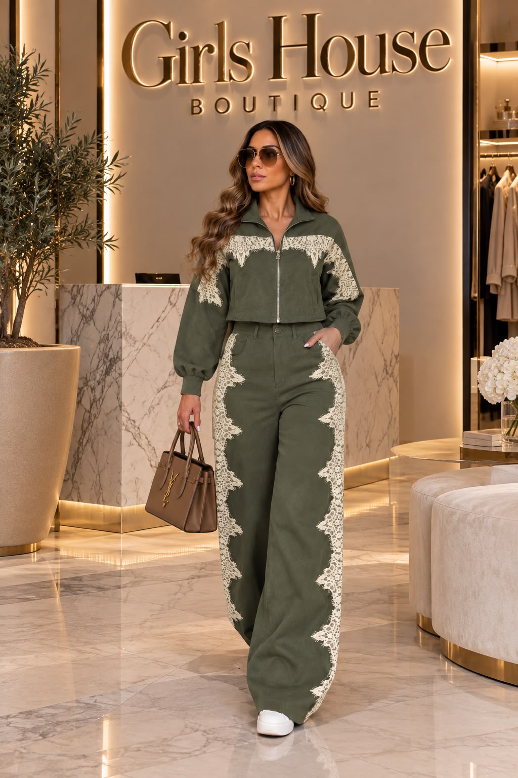 Olivo Lace Zip-Up Jacket & Elegance High-Waisted Pant Set