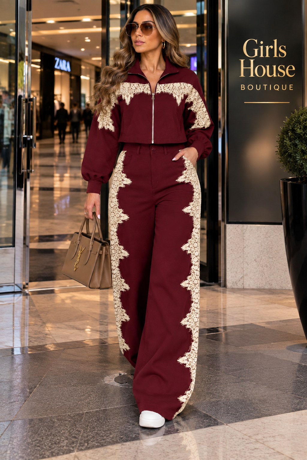 Wine Lace Zip-Up Jacket & Elegance High Waisted Pant Set
