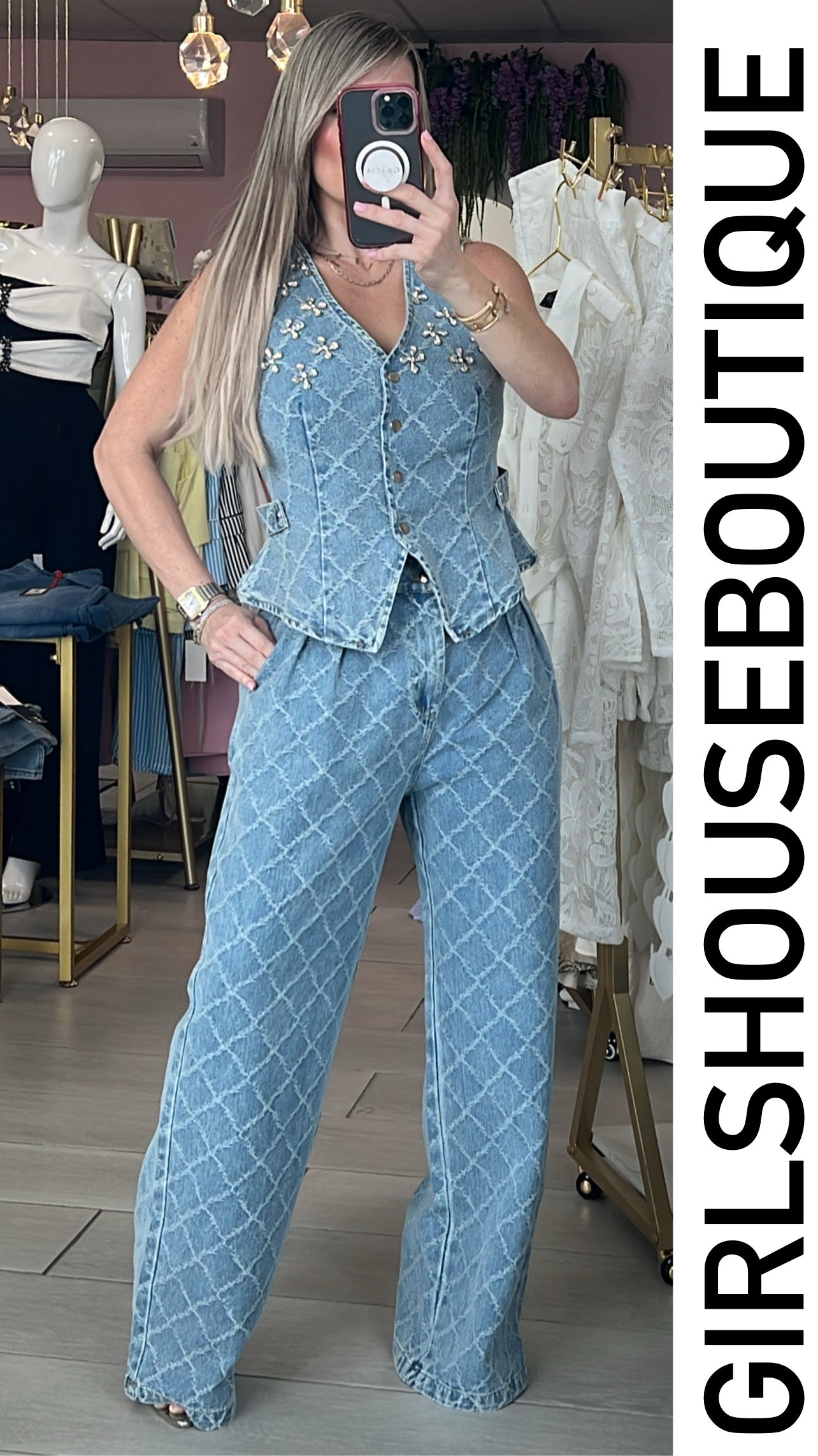 Diamond Light Denim Vest & Palazzo Jeans Set