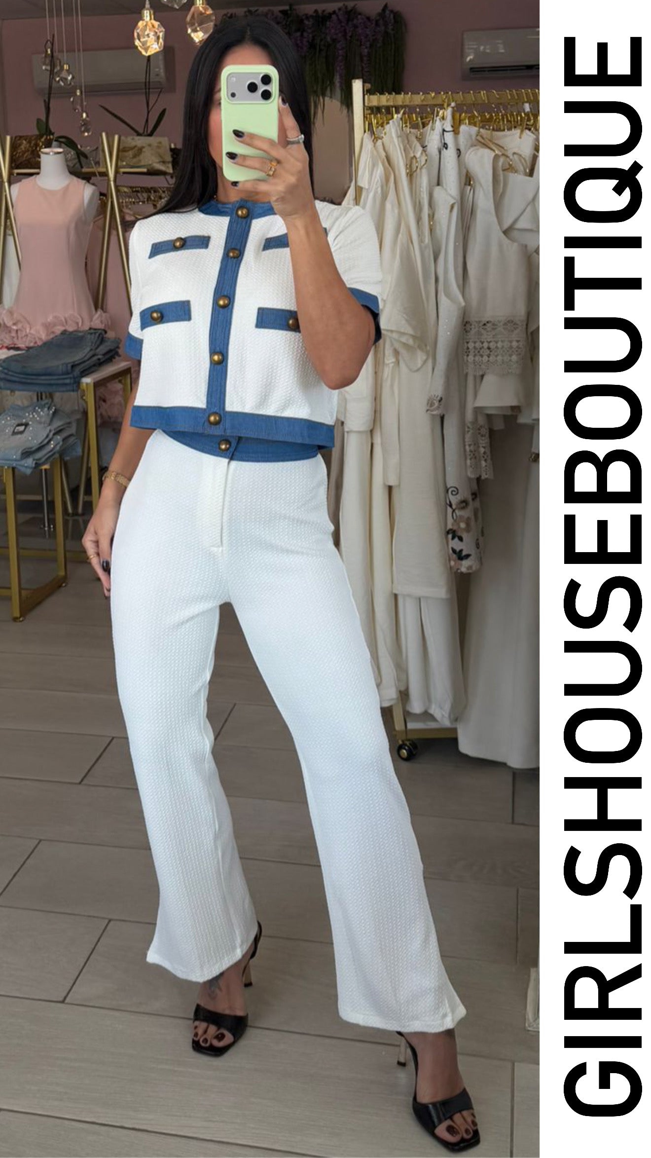White Denim Gold Buttons Top & Pant Travel Set