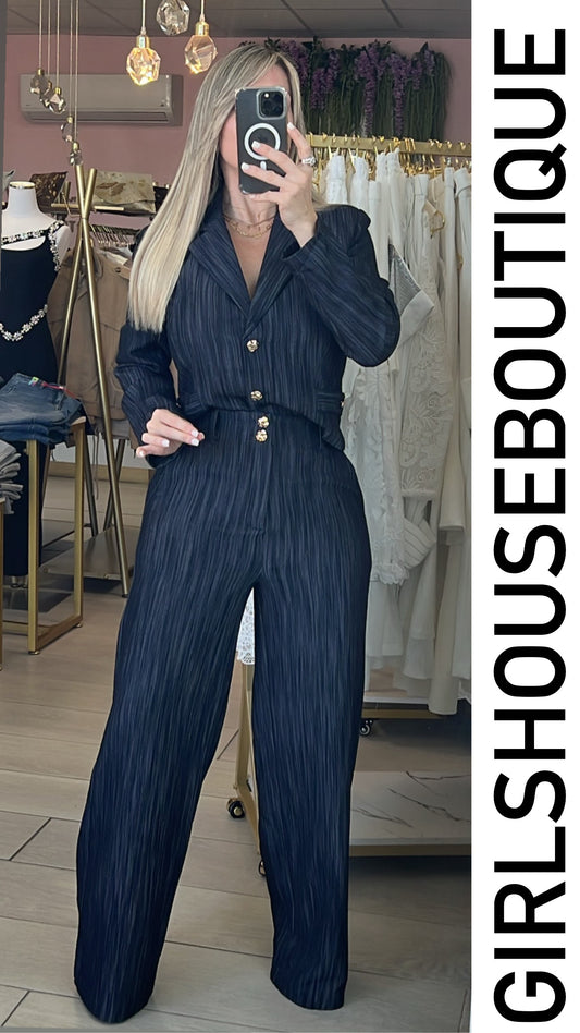 Índigo Textured Vest & High Waisted Strech Pant Set