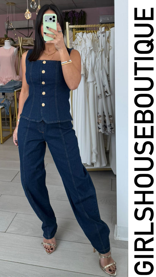 Índigo Vest Gold Button & Pant Set