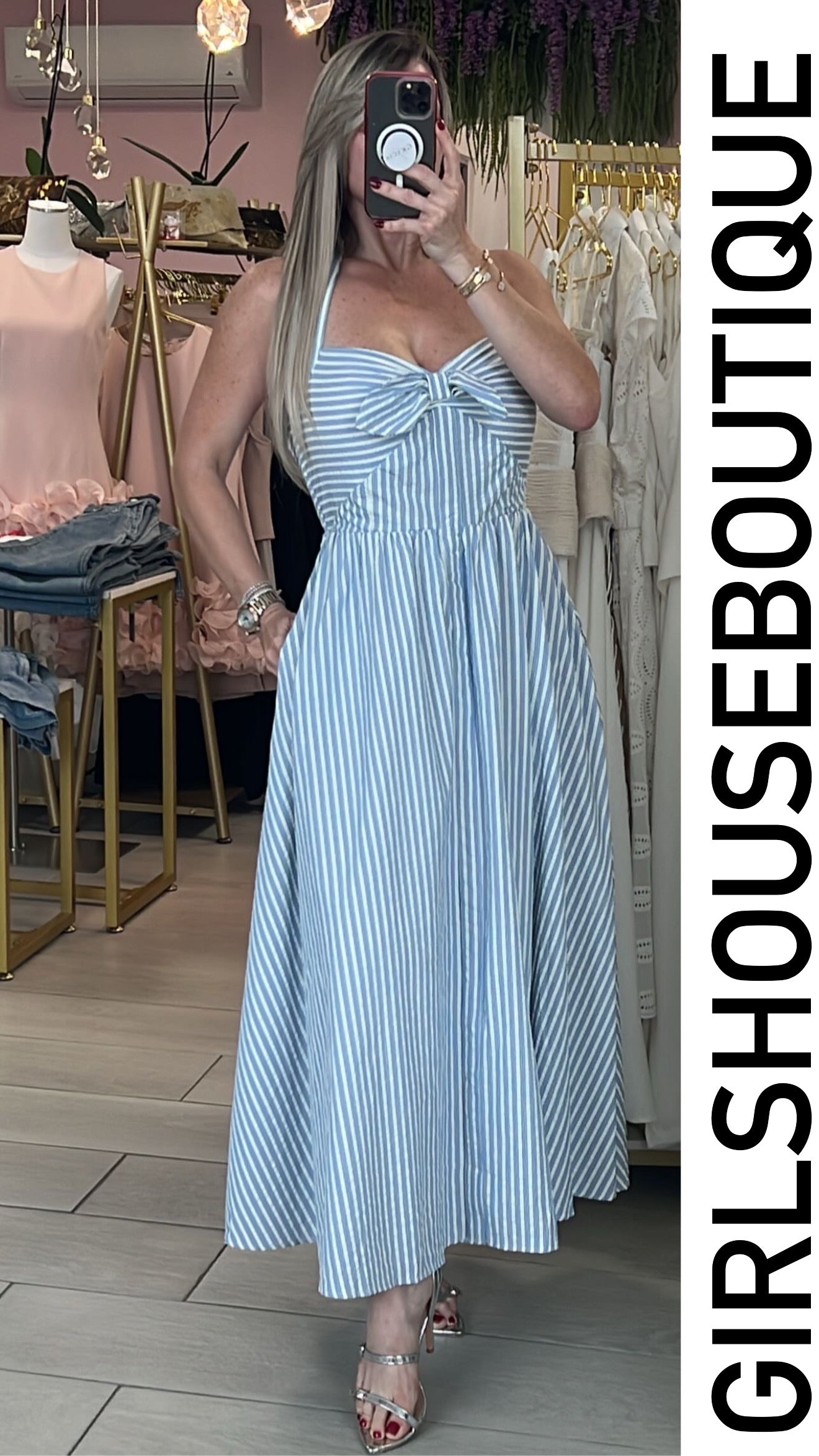 Cali Blue/White Stripe Halter Midi Dress