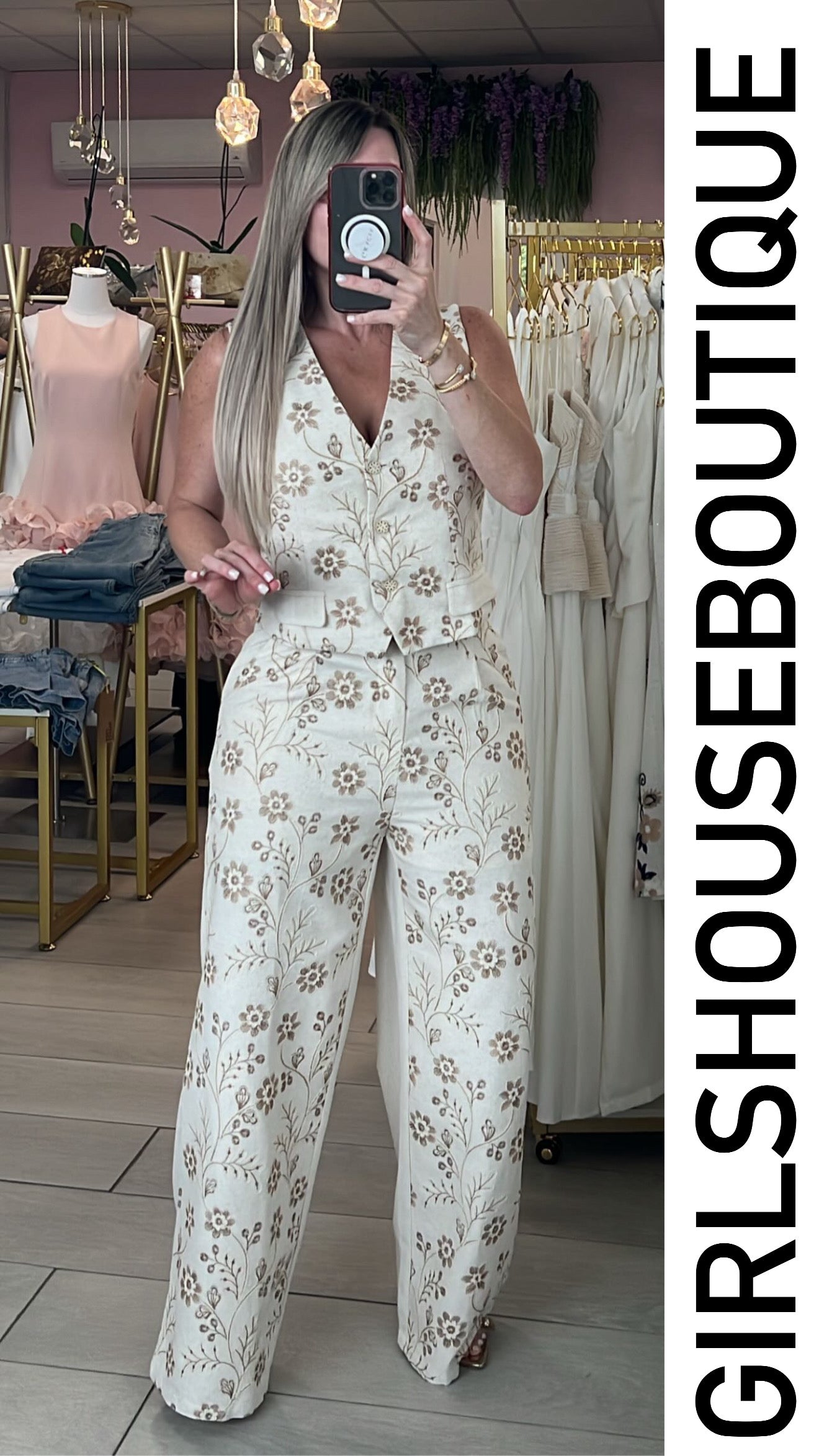 Daisy Creme Embroidery Vest & Pant Set