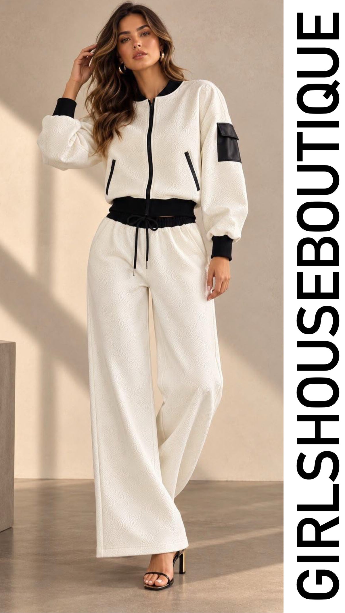 Marfil&Black Textured Zip-Up Luxury Jacket & Pant Set (tiene elástico en la cintura)