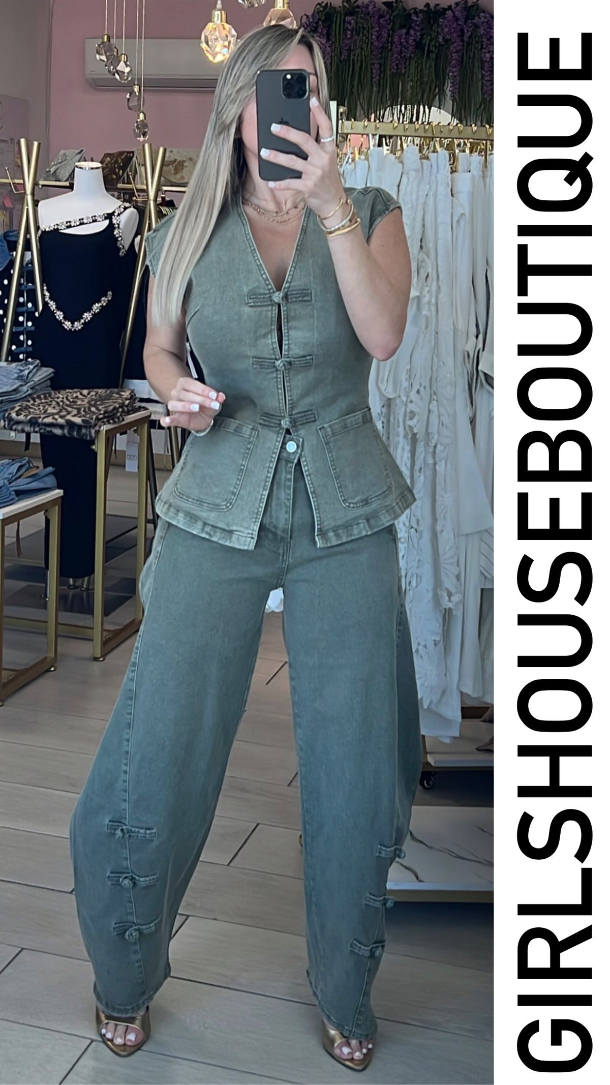 Sage Denim Napoleón Vest & Barrel Highwaisted Pant (Tiene Strech)