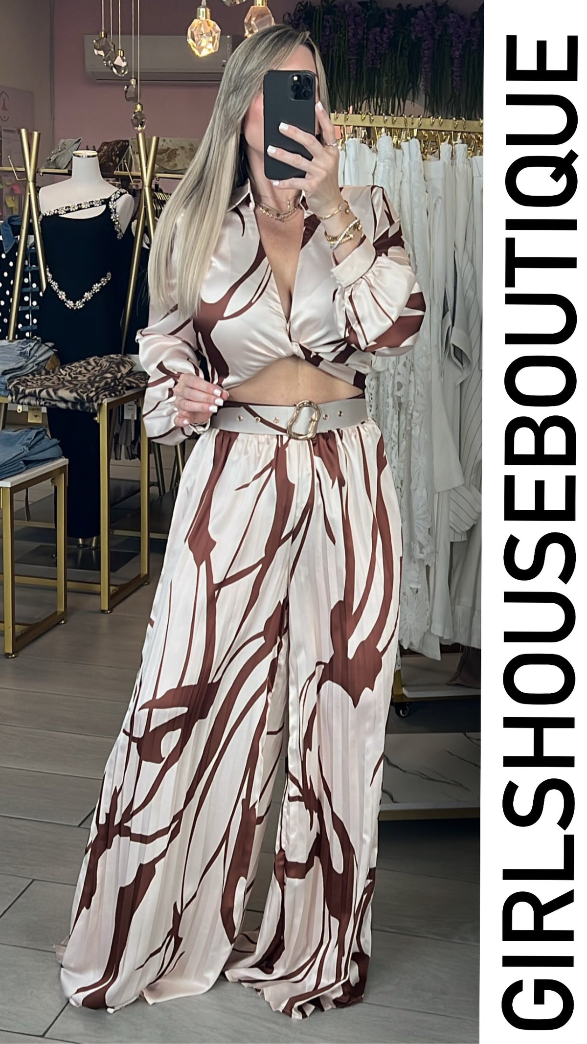 Champagne/Brown Satin Top & Pleated HighRise Palazzo Set (Ambas piezas tiene elástico atrás)