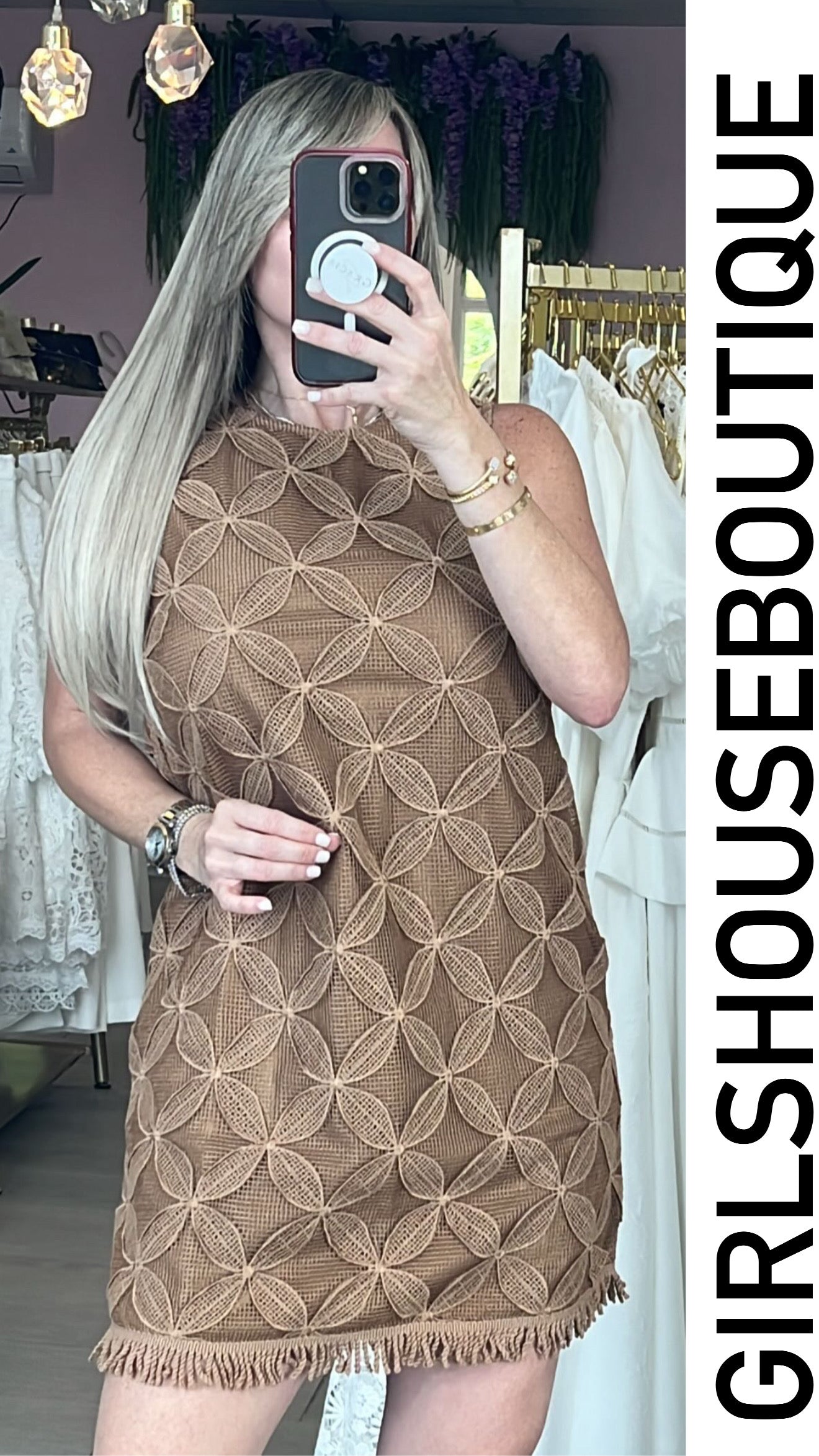 Brown Daisy Flowers Croché Short Dress