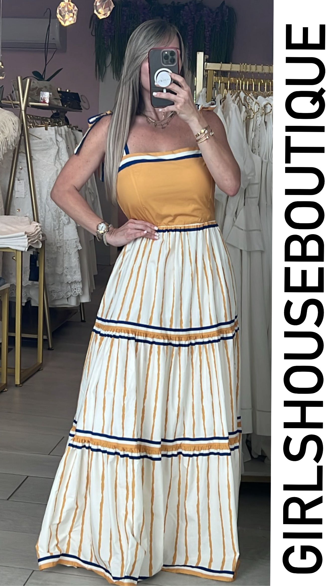 Victoria Mustard & Navy Print Maxxi Dress