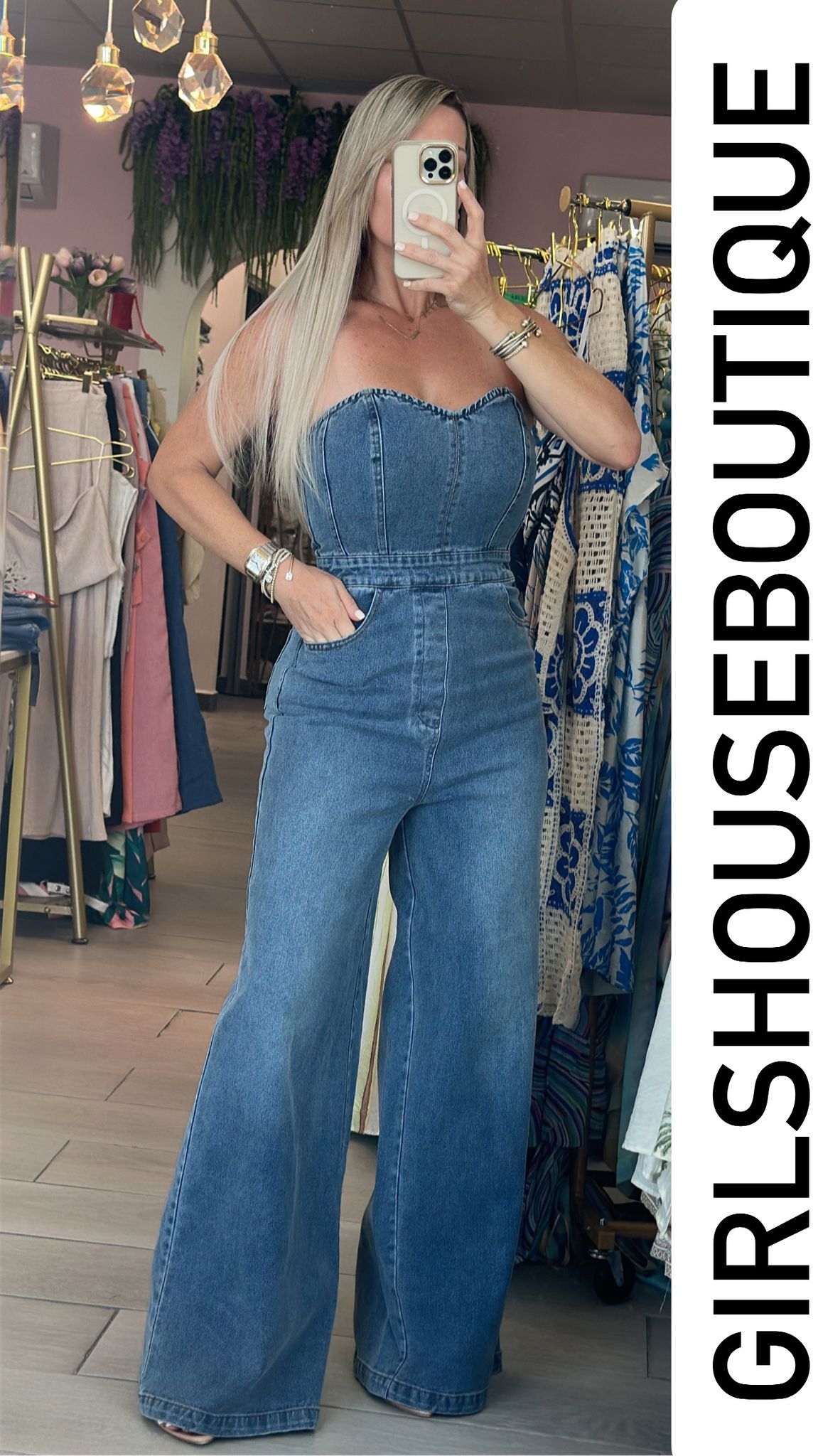 Sweetheart Washed Denim Strapless Jumpsuit