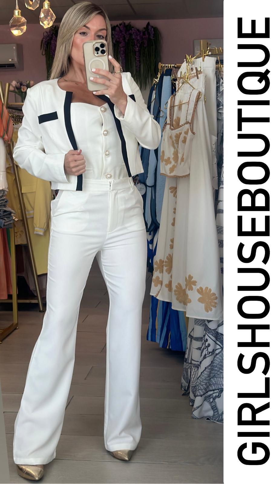Greta White Cropped Solid Blazer & Pant Set