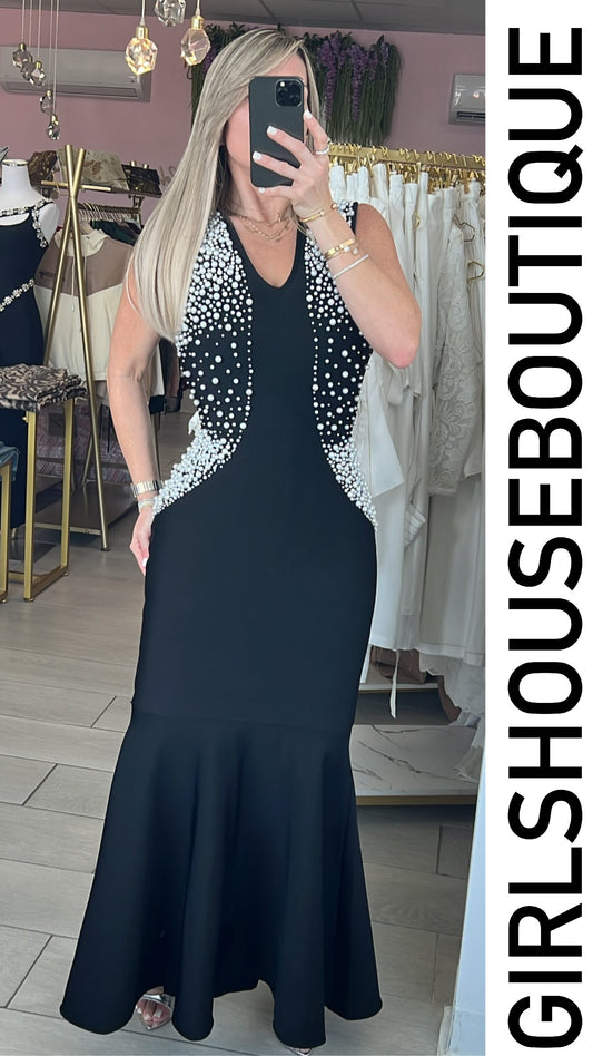 Black Pearls Bandage Strech Luxury Dress