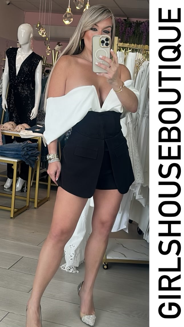 Black and White Off-Shoulder Romper