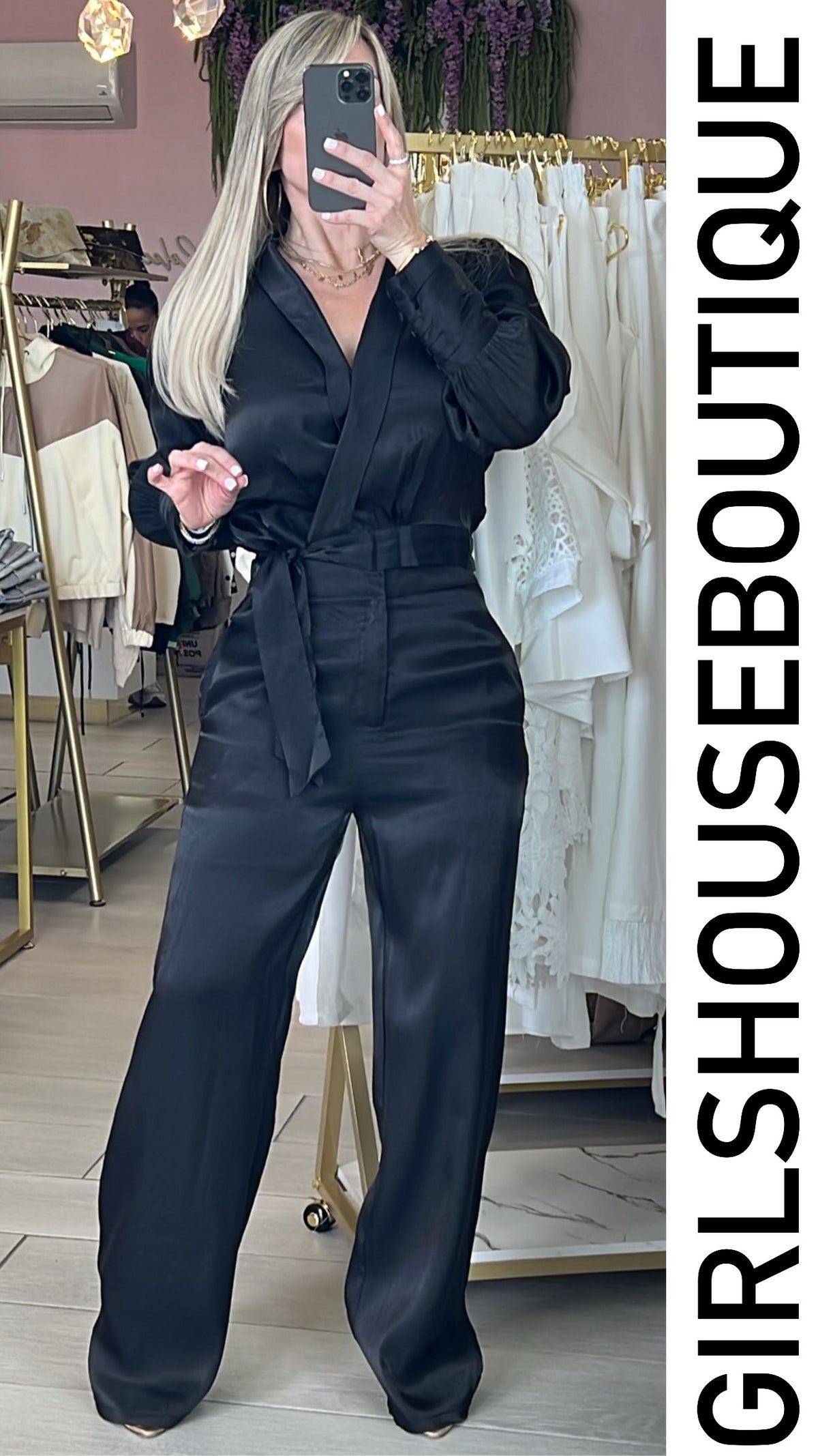 Black Metalic Satin Wrap Around Top & Pant Set (Tiene elástico en la cintura)