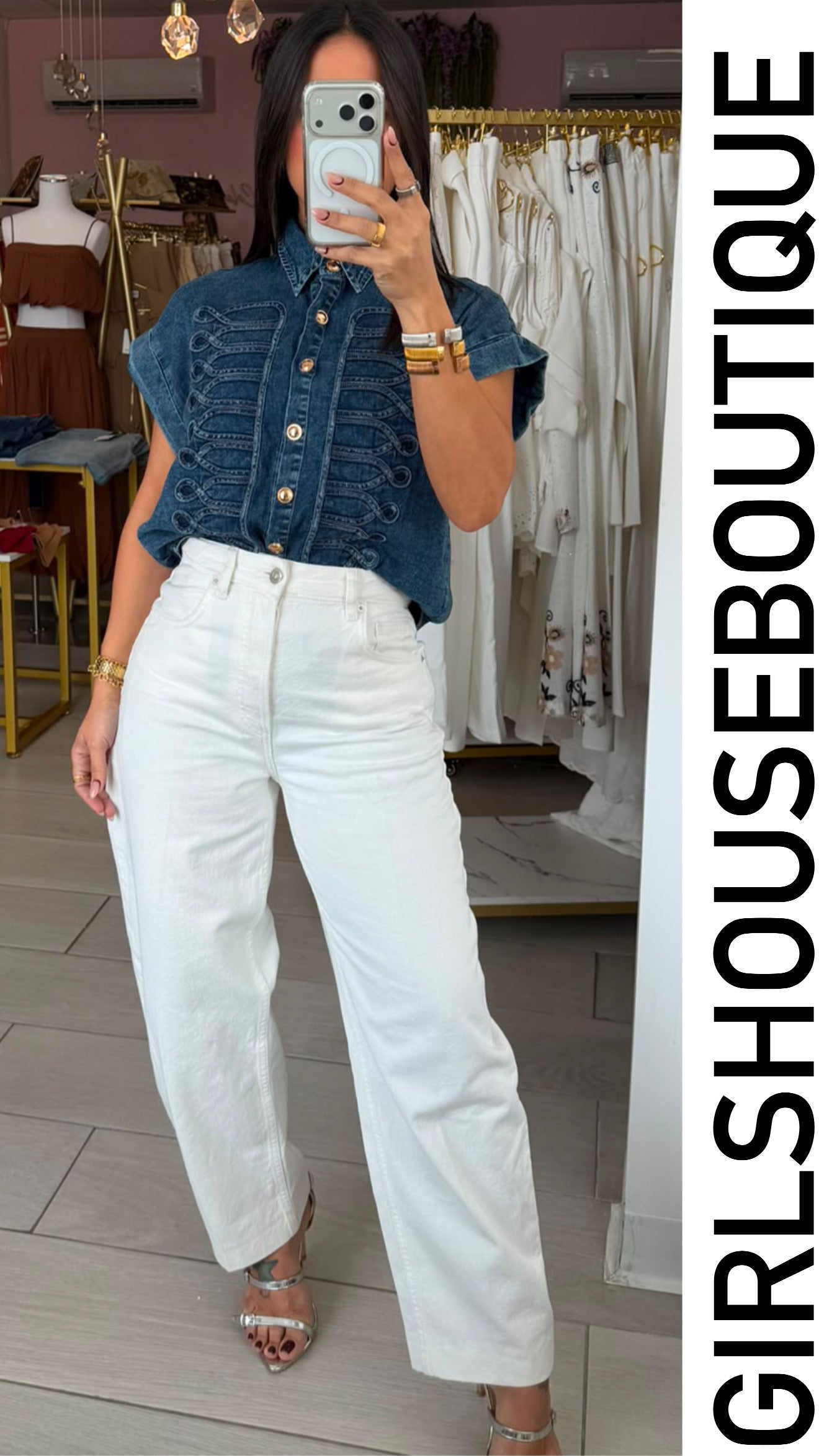 Dark Denim Napoleaon Gold Front Buttons Blouse