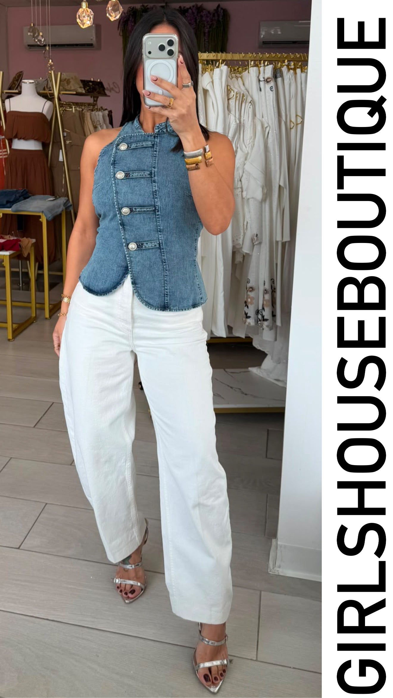 Denim Strech  Asymetric Front Buttons Top