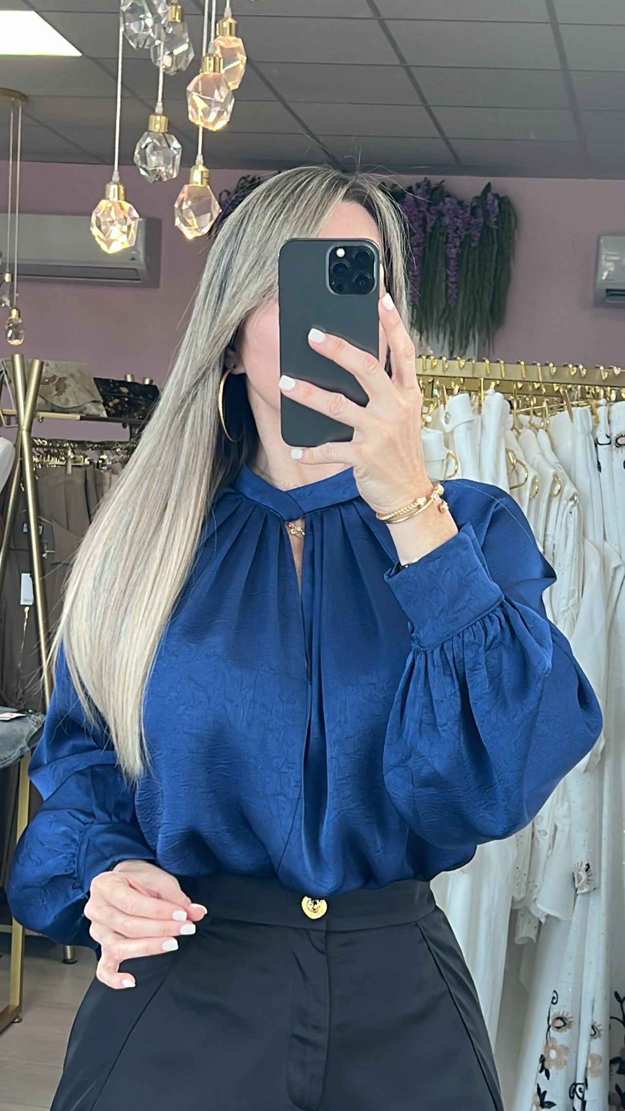 Navy High Neck Textured Satin Blouse