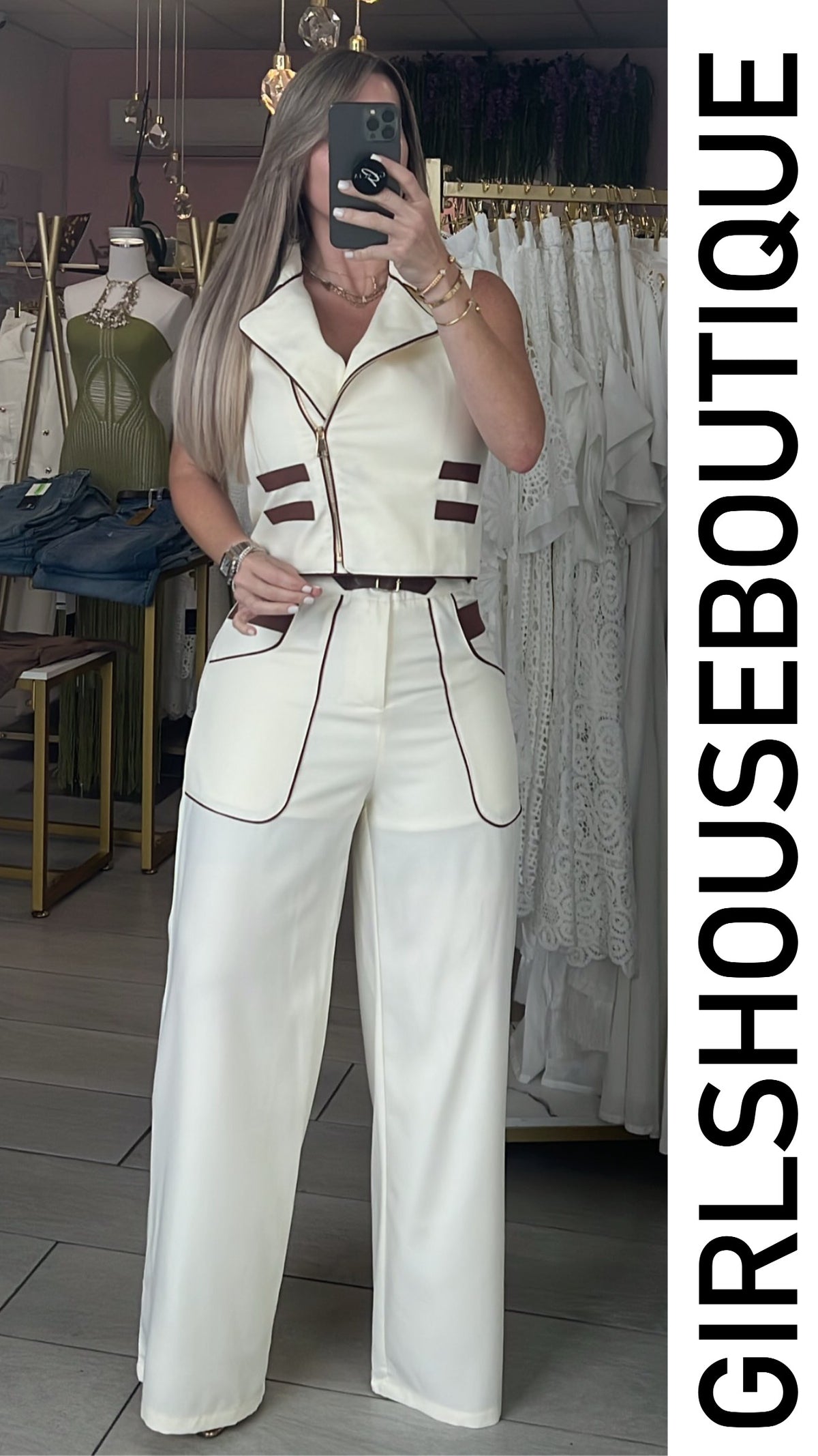 Sand & Leather Zip-up Vest & Elegance Pant Set