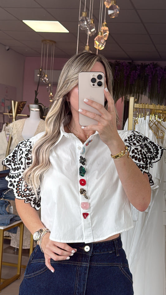 White Desigual Colors Buttons & Ruffle Sleeve Top