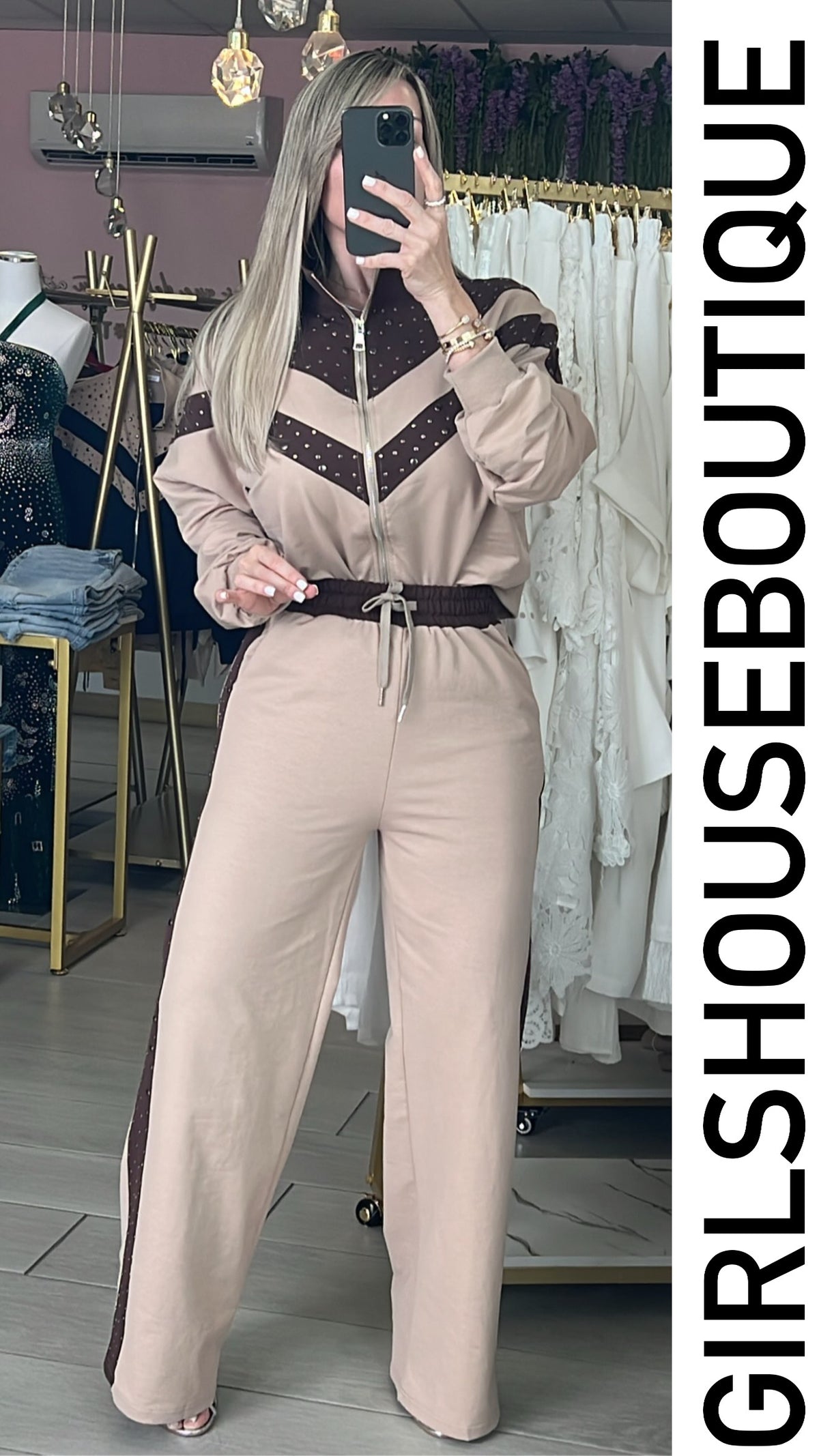 Taupe&Choco Silver Dots Zip-Up Jacket & Pant Set