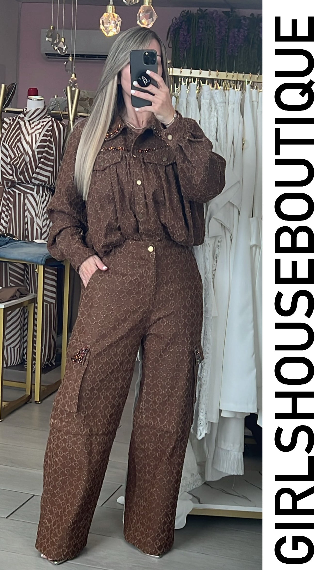 Choco Denim Textured Crystal Design Jacket & Urban Pant
