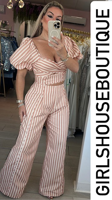 Cream Striped Wide Leg Pant Set