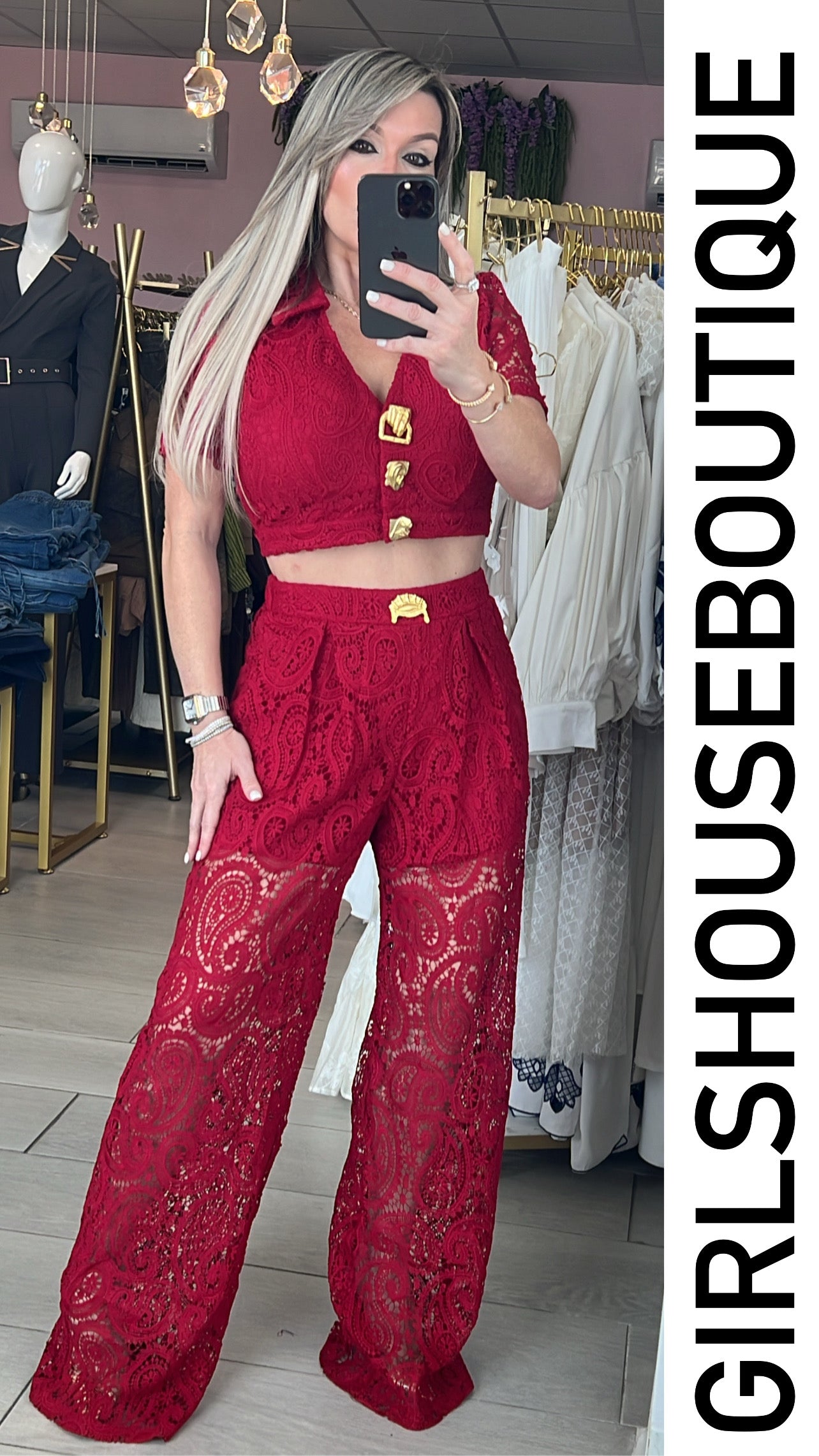 Alanna Wine Lace Crop Top & Pant Set