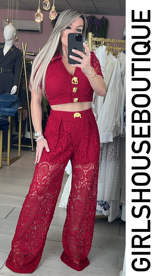 Alanna Wine Lace Crop Top & Pant Set