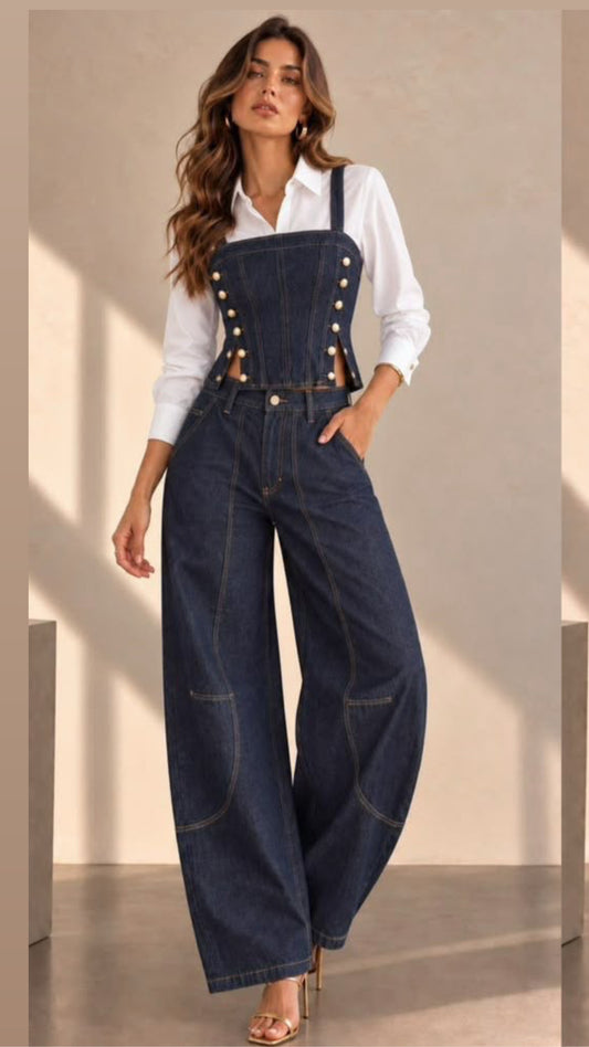Daniela Dark Denim / White Long Blouse Corset Front Buttons & Barrel Pant (Tiene Strech)