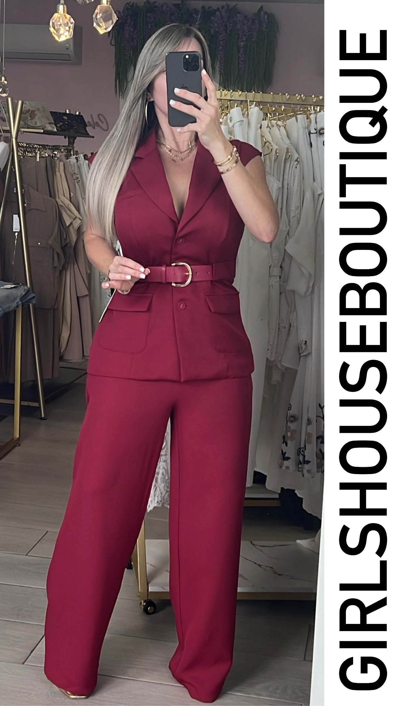 Alanna Wine Vest (Included Belt) Pant Set