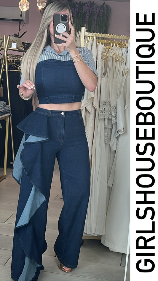 Lisan Dark Denim Strech Crop Top & Ruffle Jeans