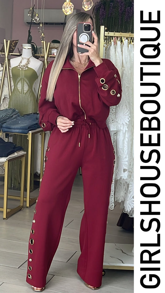 Wine L’Anneu Gold Zip-Up Jacket & Pant Set