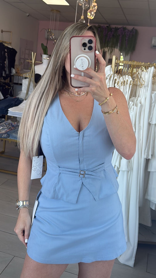 Soft Light Blue Vest Zip-Up & Skort Set