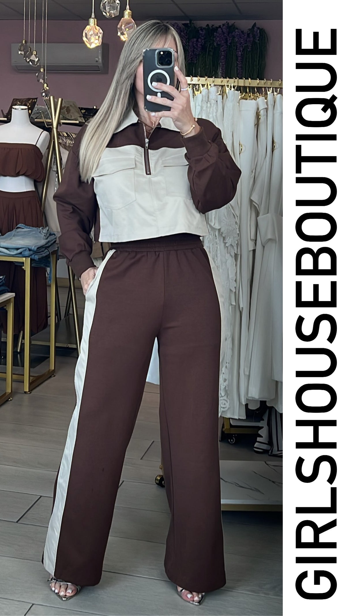 Choco/Beige Front Pocket Jacket & Pant Set