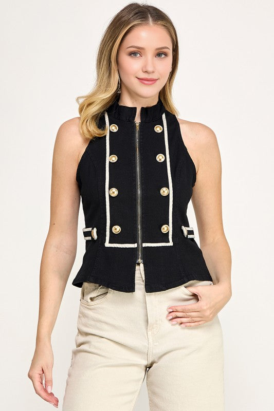 Black Halter Napoleón Zip-Up Design